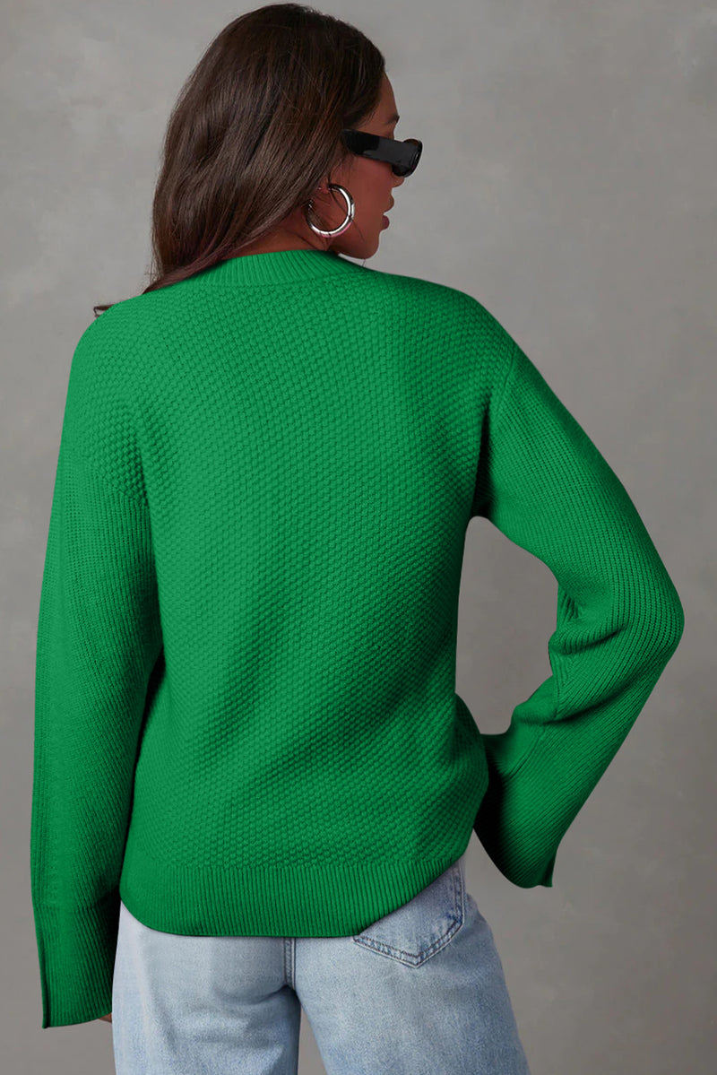 Dark Green Textured Knit Split Cuff Drop Shoulder Loose Sweater