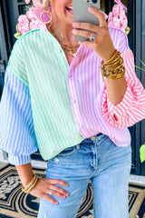 Pink Stripe Color Block Balloon Sleeve Button Loose Fit Shirt