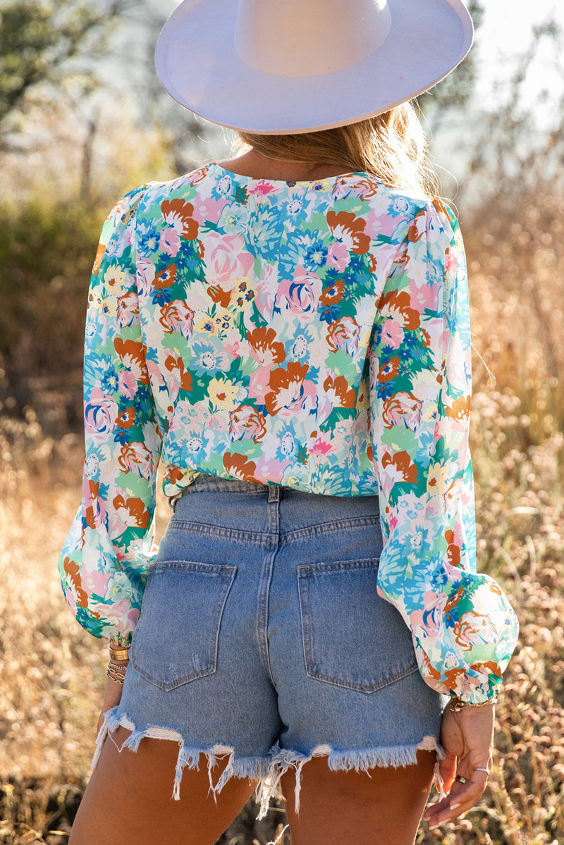 Light Blue Floral Print Boho Wrap V Neck Puff Sleeve Bodysuit