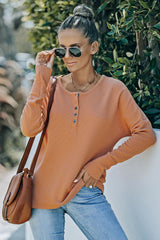 Orange Casual Waffle Button Front Knit Henley Top