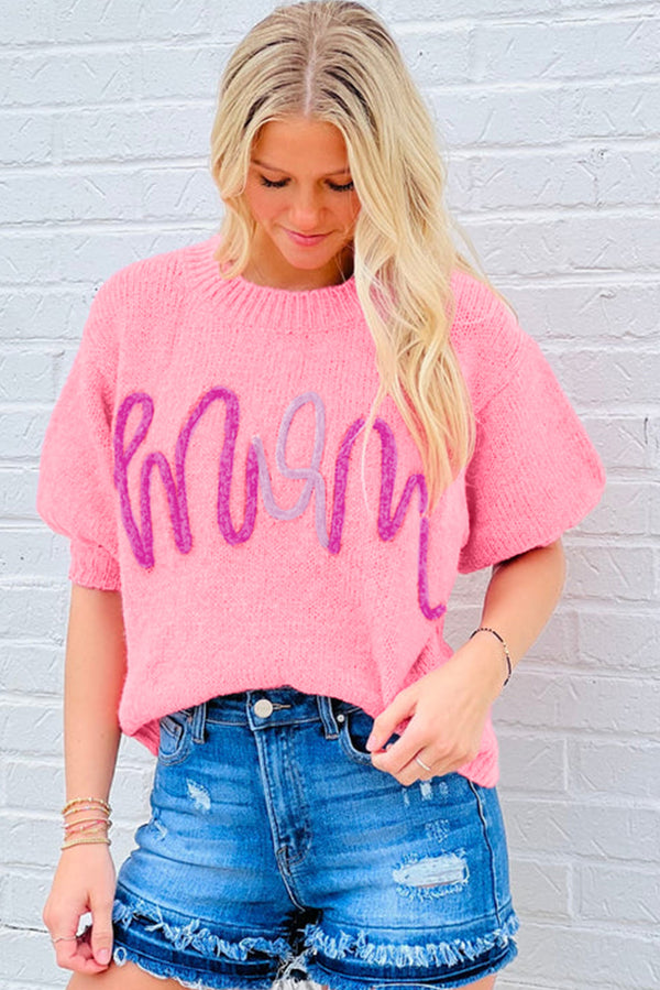 Pink Mom Letter Pattern Short Puff Sleeve Sweater