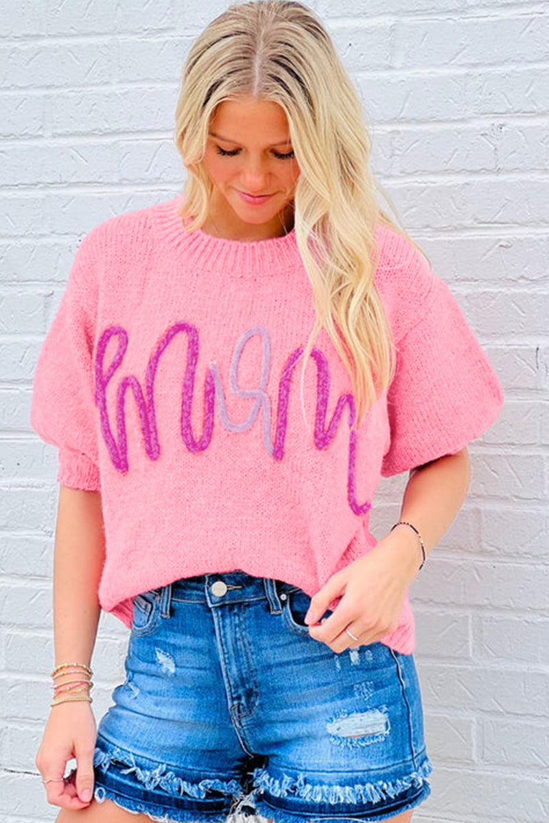 Pink Mom Letter Pattern Short Puff Sleeve Sweater