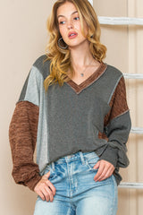 Brown Exposed Seam Patchwork V Neck Long Sleeve Top