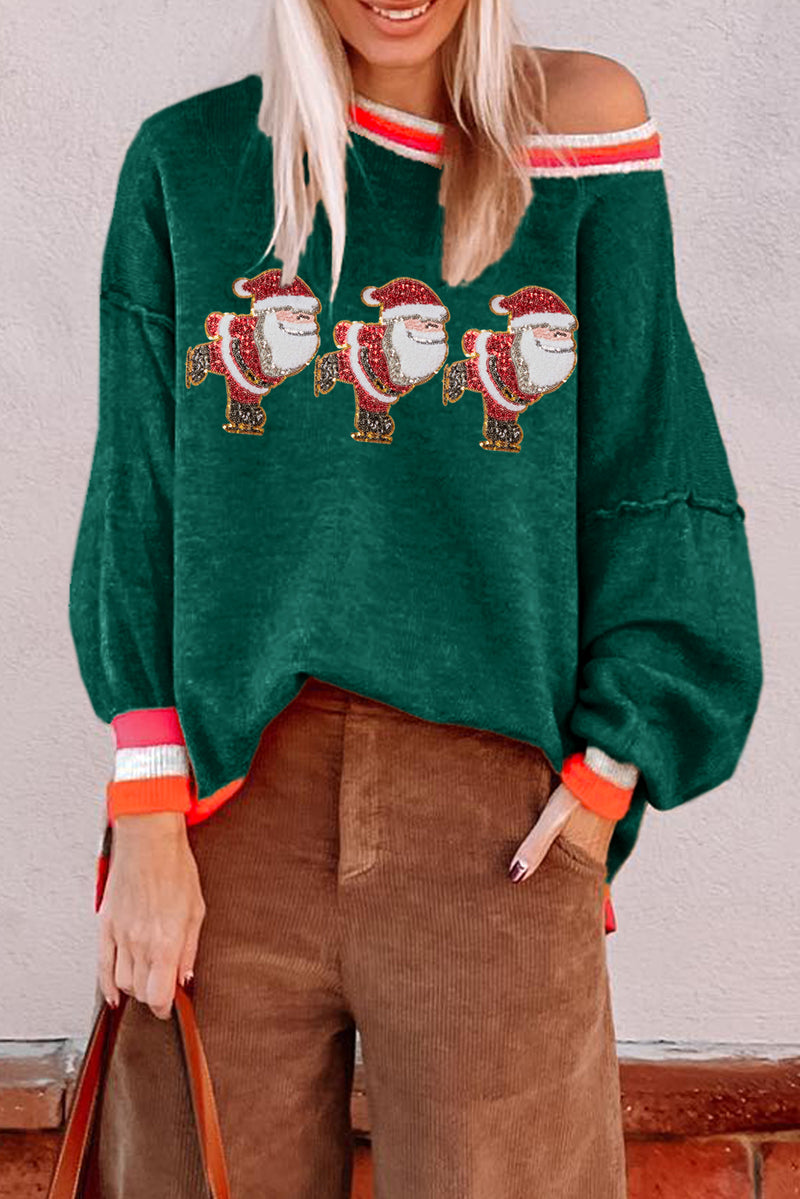 Blackish Green Shimmer Santa Clause Graphic Striped Trim Crewneck Sweater