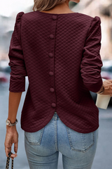 Burgundy Quilted Button Back Puff Sleeve Sweatshirt