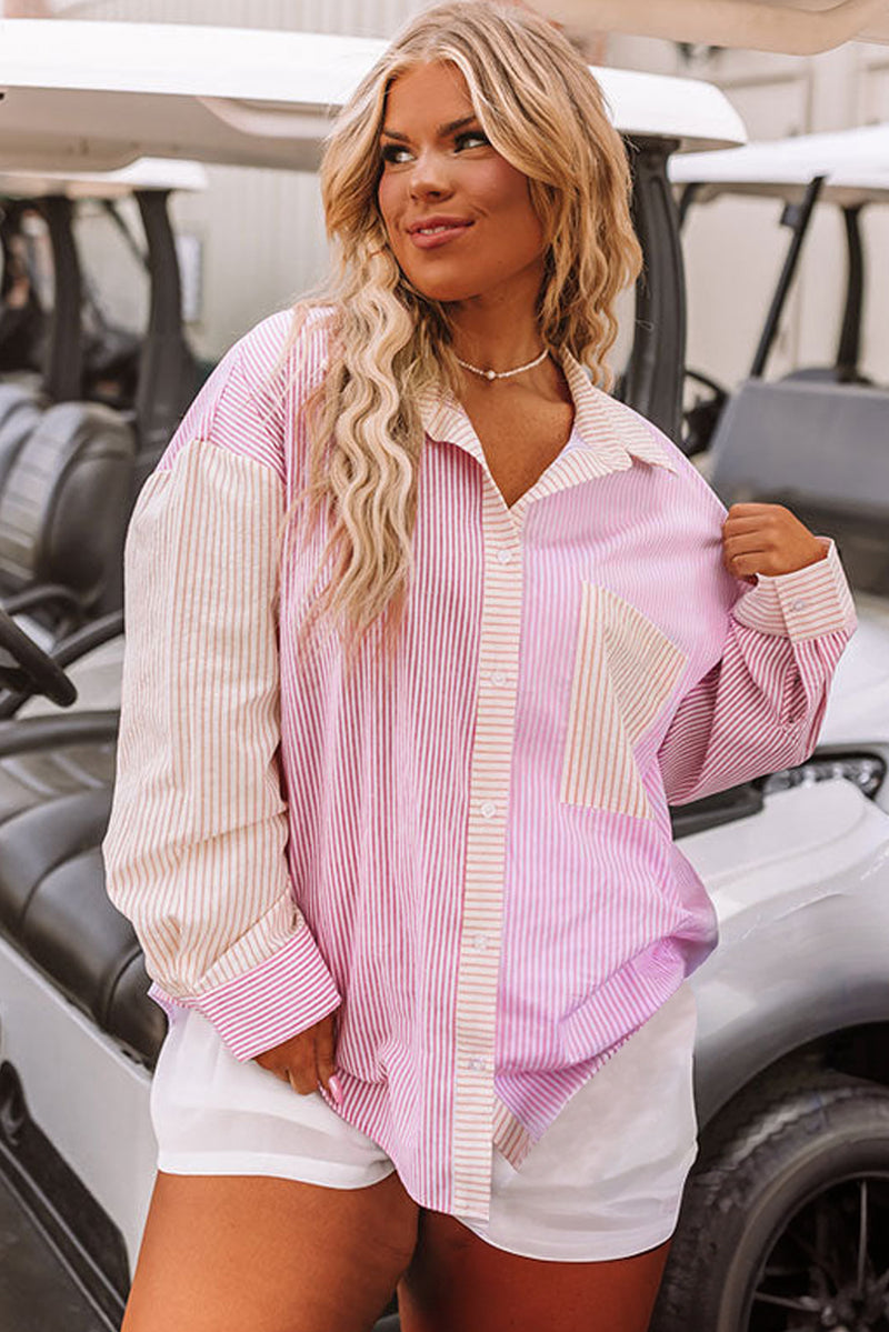 Pink Striped Patchwork Pocket Plus Size Shirt