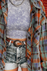 Orange Plaid Print Pocket Loose Shirt