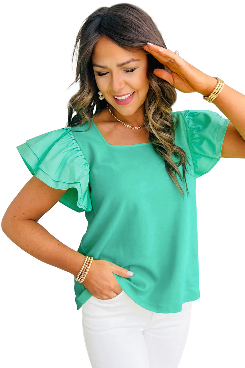 Mint Green Ruffle Flutter Sleeve Square Neck Blouse