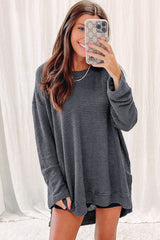 Green Waffle Knit Drop Sleeve High Slits Oversized Top