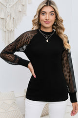 Apricot Ribbed Solid Color Striped Mesh Long Sleeve Top