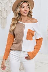 Black Long Sleeve Colorblock Chest Pocket Textured Knit Top