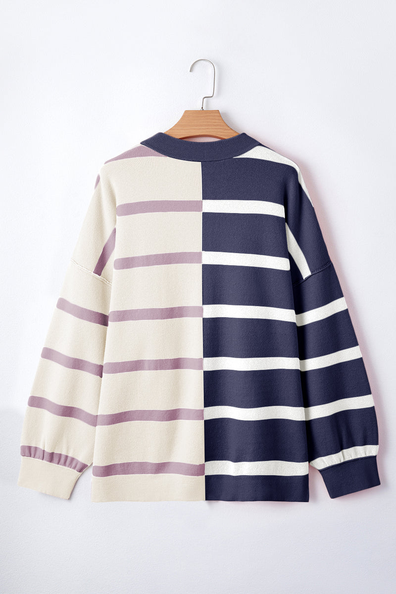 Blue Stripe Exposed Seam Patchwork Loose Sweatshirts