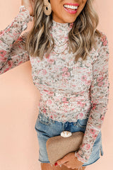 Pink Floral Print Mesh Mock Neck Slim Blouse