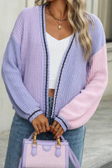 Purple Knit Color Block Open Front Cardigan