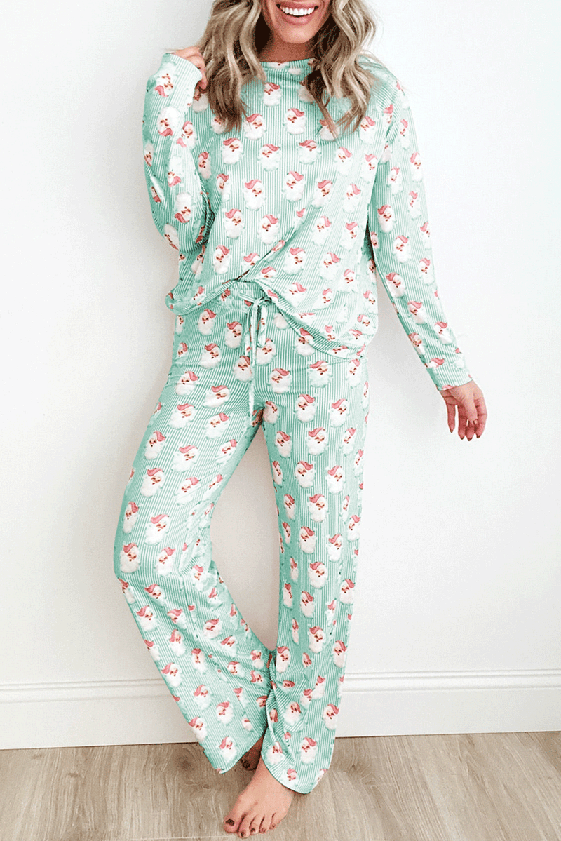 Green Santa Claus Striped Print Loose Fit Two Piece Loungewear Set