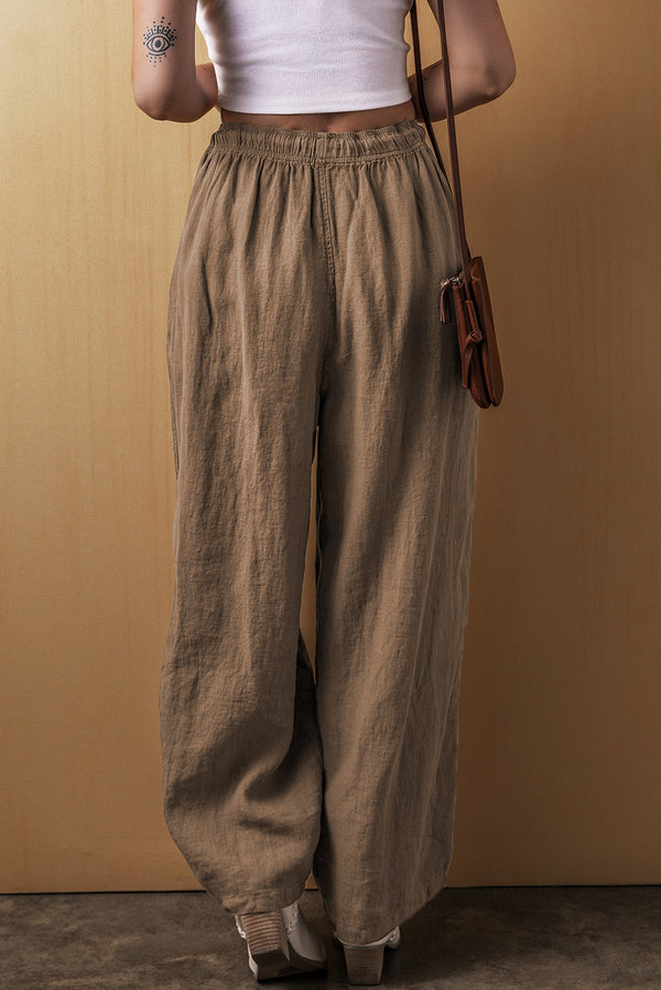 Desert Palm Cotton Linen Drawstring Waist Wide Leg Pants