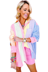 Pink Stripe Color Block Buttoned Oversized Shirt