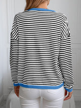 Contrast Trim Striped V-Neck Long Sleeve Knit Top