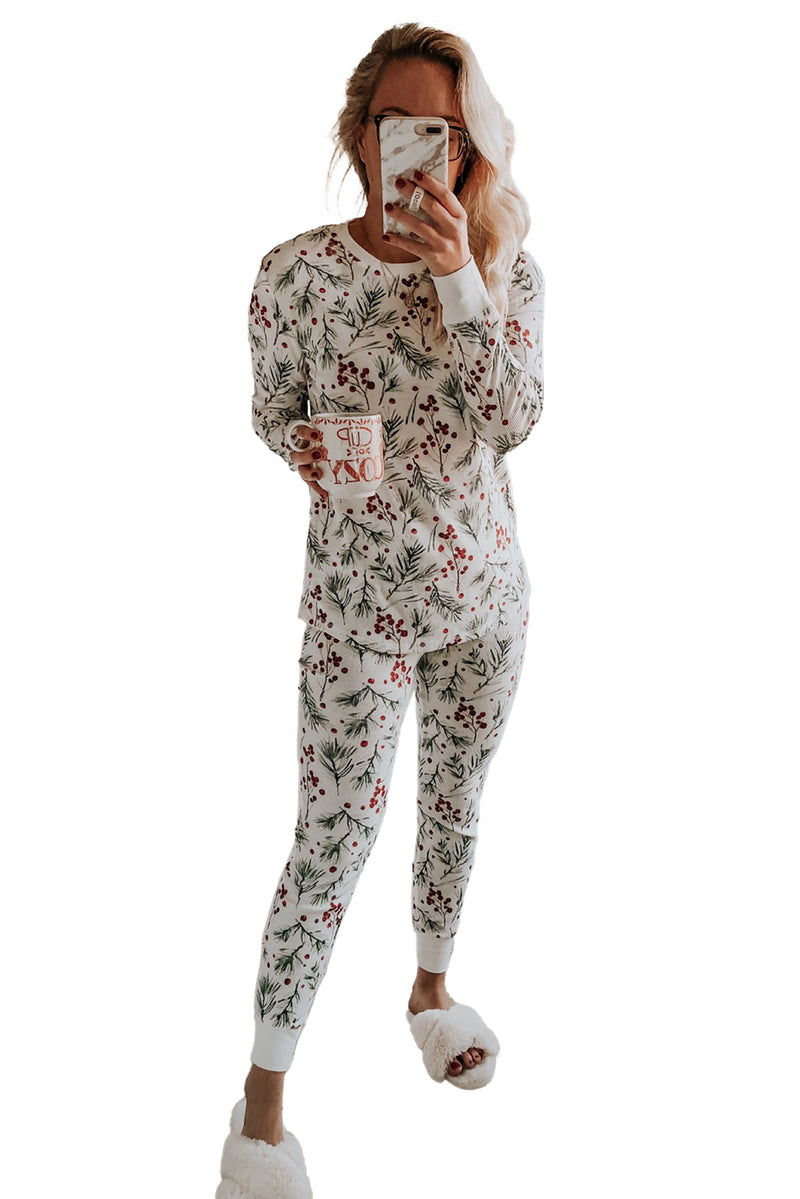 White Holly Print Christmas Pullover Pants Pajama Set