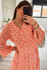 Orange Floral Button V Neck Bell Sleeve Mini Dress