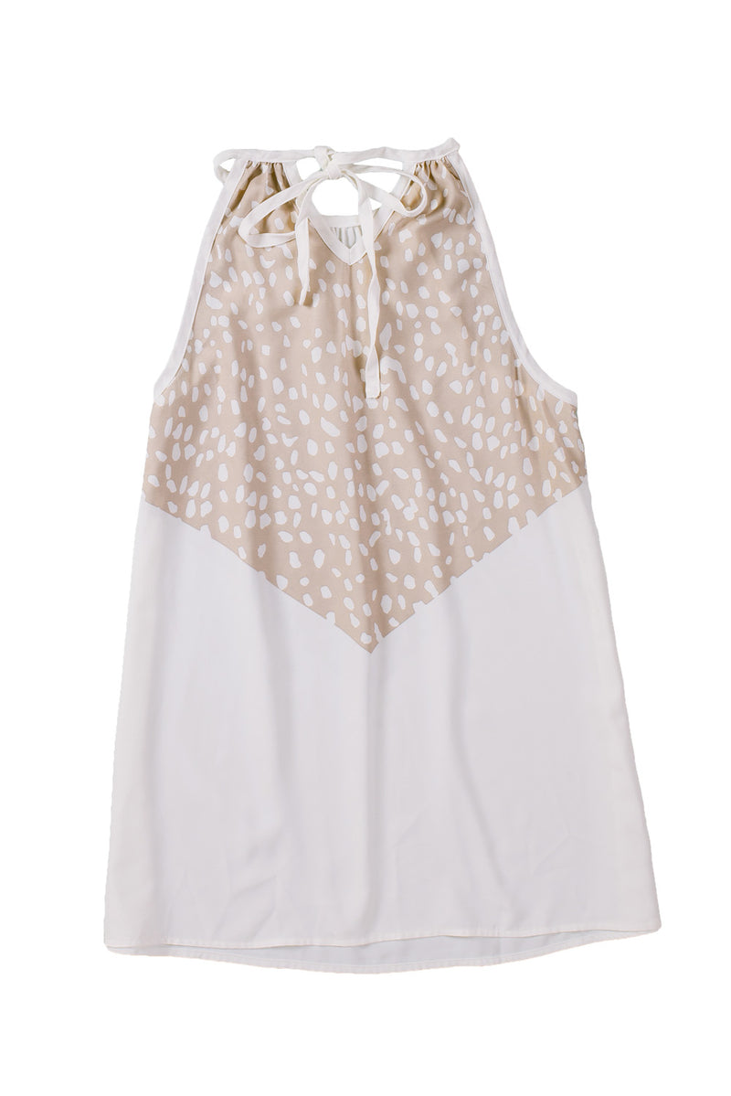 White Spotted Print Tie Neck Color Block Halter Sleeveless Shirt