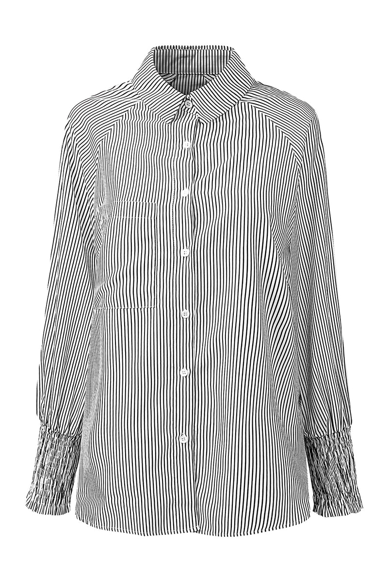 Black Striped Casual Shirred Cuffs Shirt