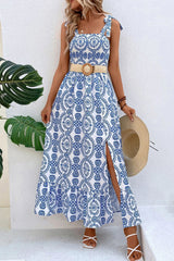 Blue Ethnic Print Side Split Sleeveless Maxi Dress