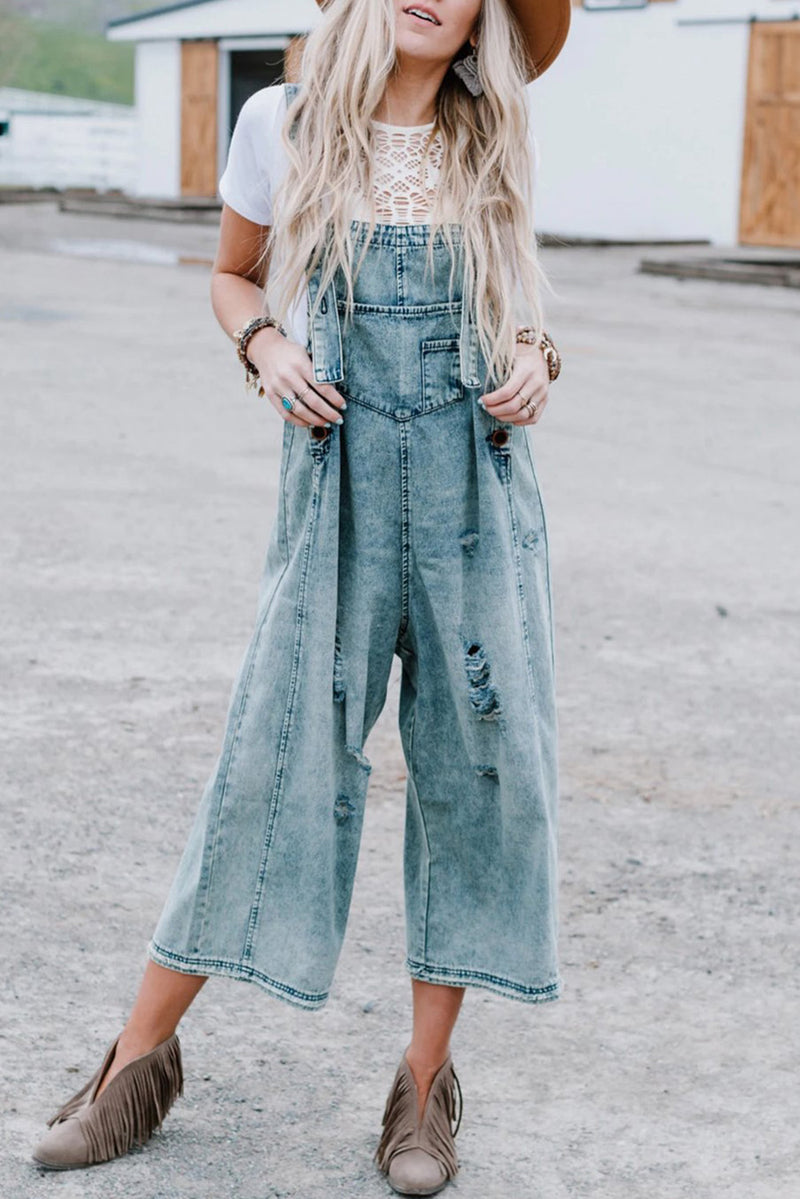 Black Distressed Bib Pocket Wide Leg Denim Overall