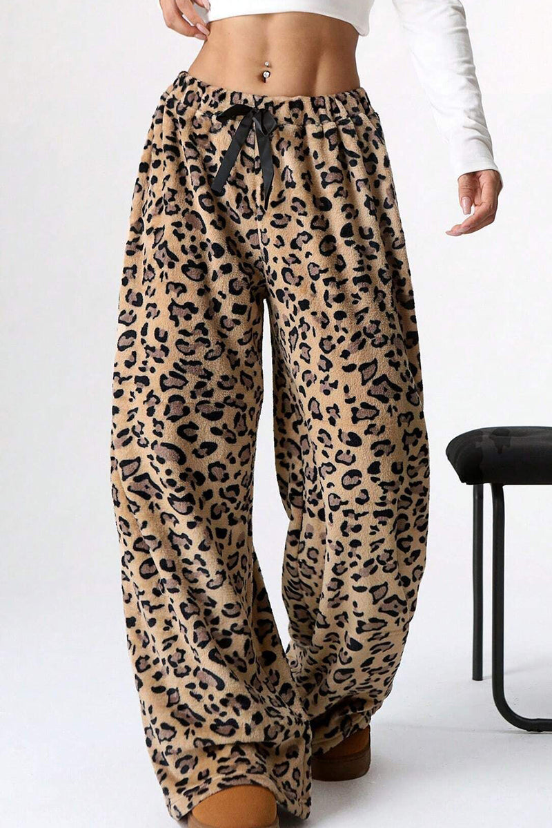 Brown Leopard Print Straight Leg Tie Waist Pant