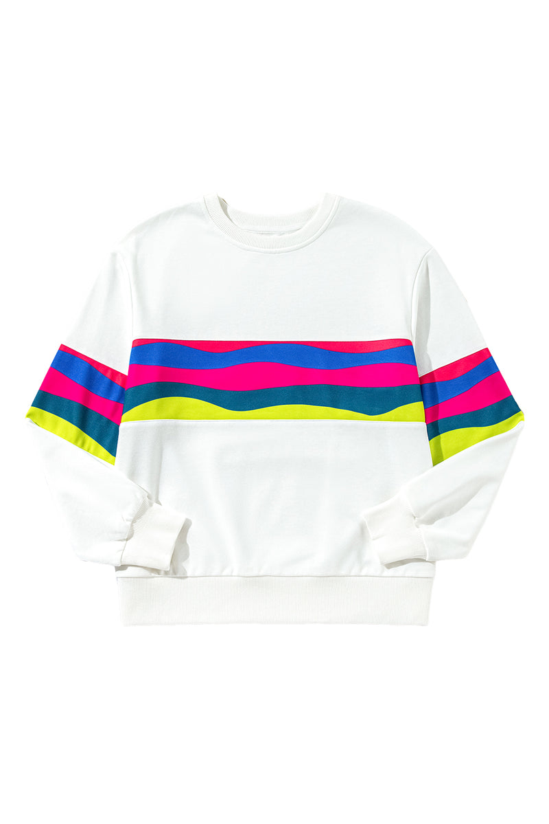 White Colorful Striped Round Neck Long Sleeve Top