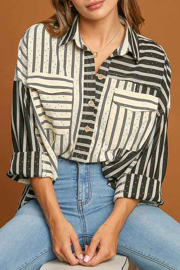 Black Striped Patchwork Button-up Long Sleeve Shirt