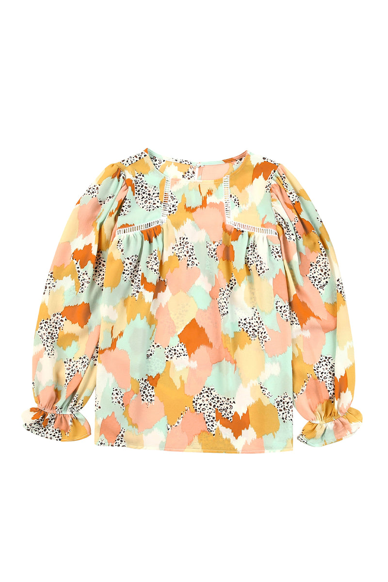 Multicolor Abstract Print Boho Ruffle Puff Sleeve Blouse