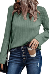 Green Textured Round Neck Knit Long Sleeve Top