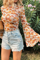 Orange Floral Print Bell Sleeve Mock Neck Scallop Trim Blouse