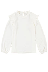 White Frilled Neck Ruffled Trim Bubble Sleeve Blouse