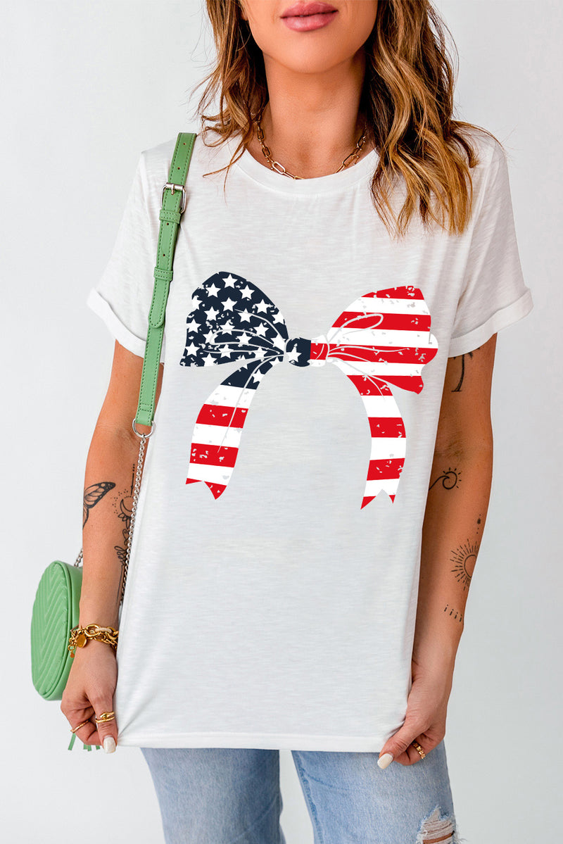 White Flag Day Stars and Stripes Bowknot Graphic Round Neck Tee