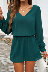 Evergreen Solid Color Long Sleeve V Neck Bubble Sleeve Dress