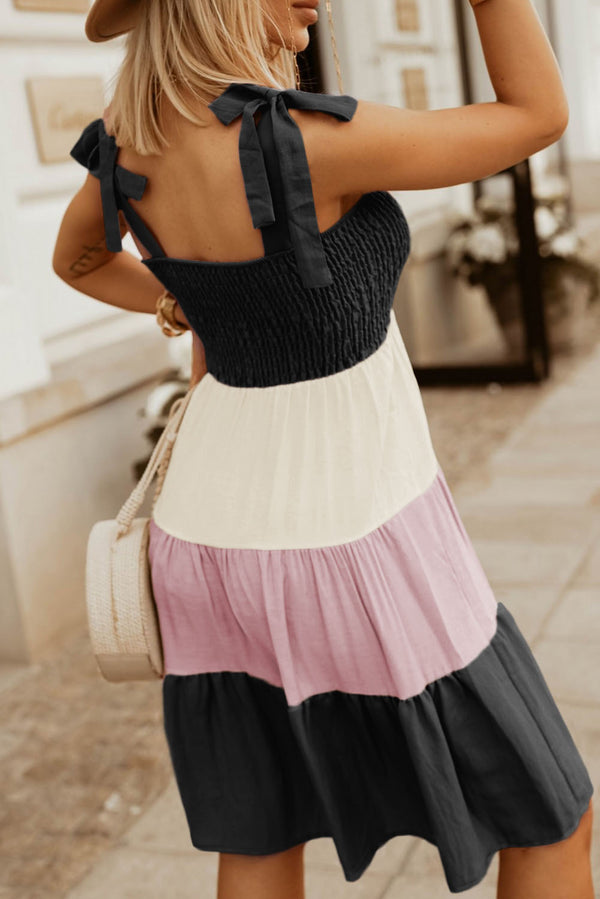 Black Smocked Color Block Sleeveless Short Dress