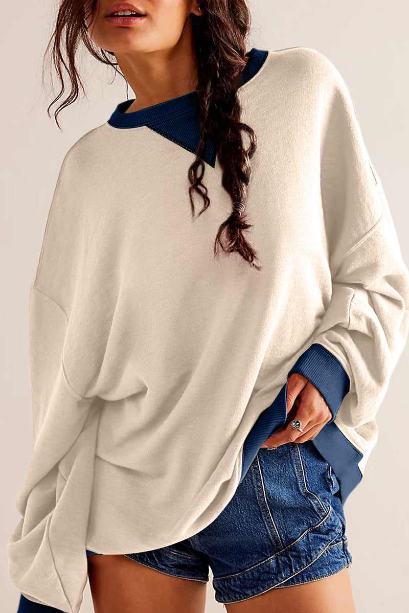 White Color Block Drop Shoulder Crewneck Oversized Sweatshirt