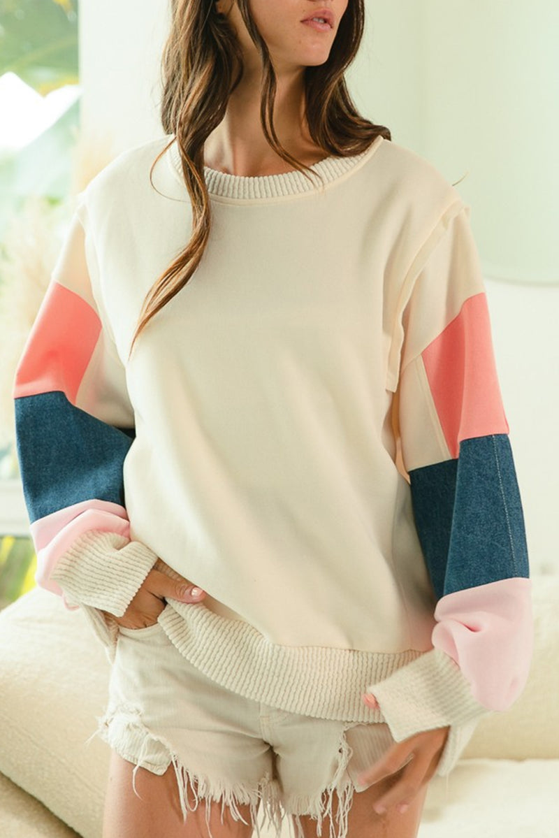 White Color Block Sleeve Ribbed Trim Long Sleeve Top