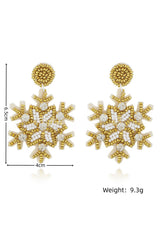 Gold Christmas Snowflake Rhinestone Rice Beaded Drop Earrings