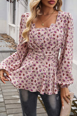 Pink Floral Bubble Sleeve Long Sleeve Top