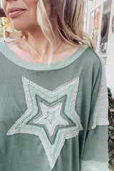 Mist Green Stars Patchwork Round Neck Plus Size Top