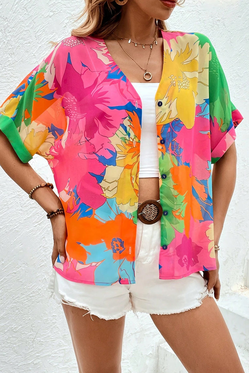 Multicolour Boho Floral V-Neck Dolman Blouse