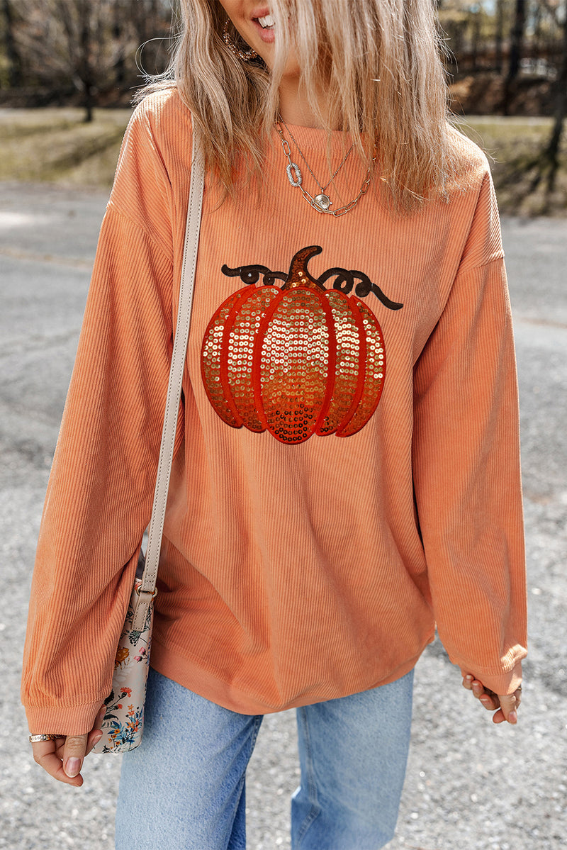 Orange Crinkle Ribbed Halloween Sequin Pumpkin Graphic Sweatshirt