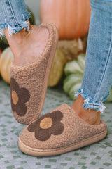 Camel Fuzzy 60s Flower Pattern Winter Slippers