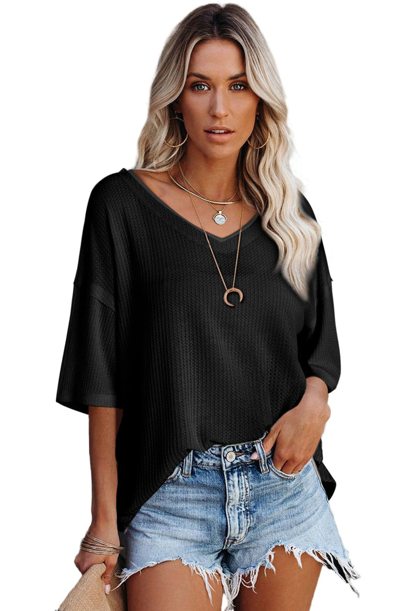 Black Waffle Knit Casual Drop Shoulder Loose Top