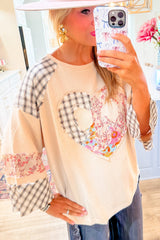 Aqua Plaid Floral Patchwork Heart Long Sleeve Top