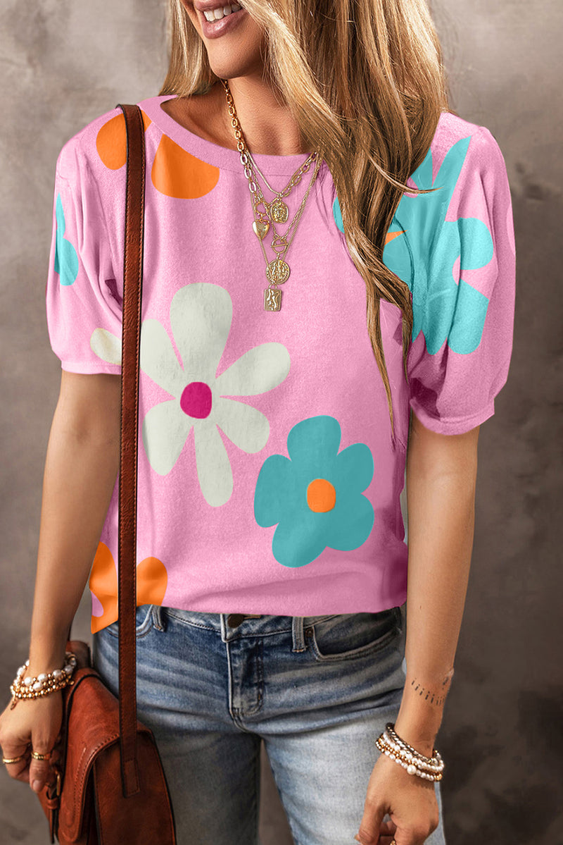 Sky Blue Colorful Flower Print Bubble Sleeve Tee