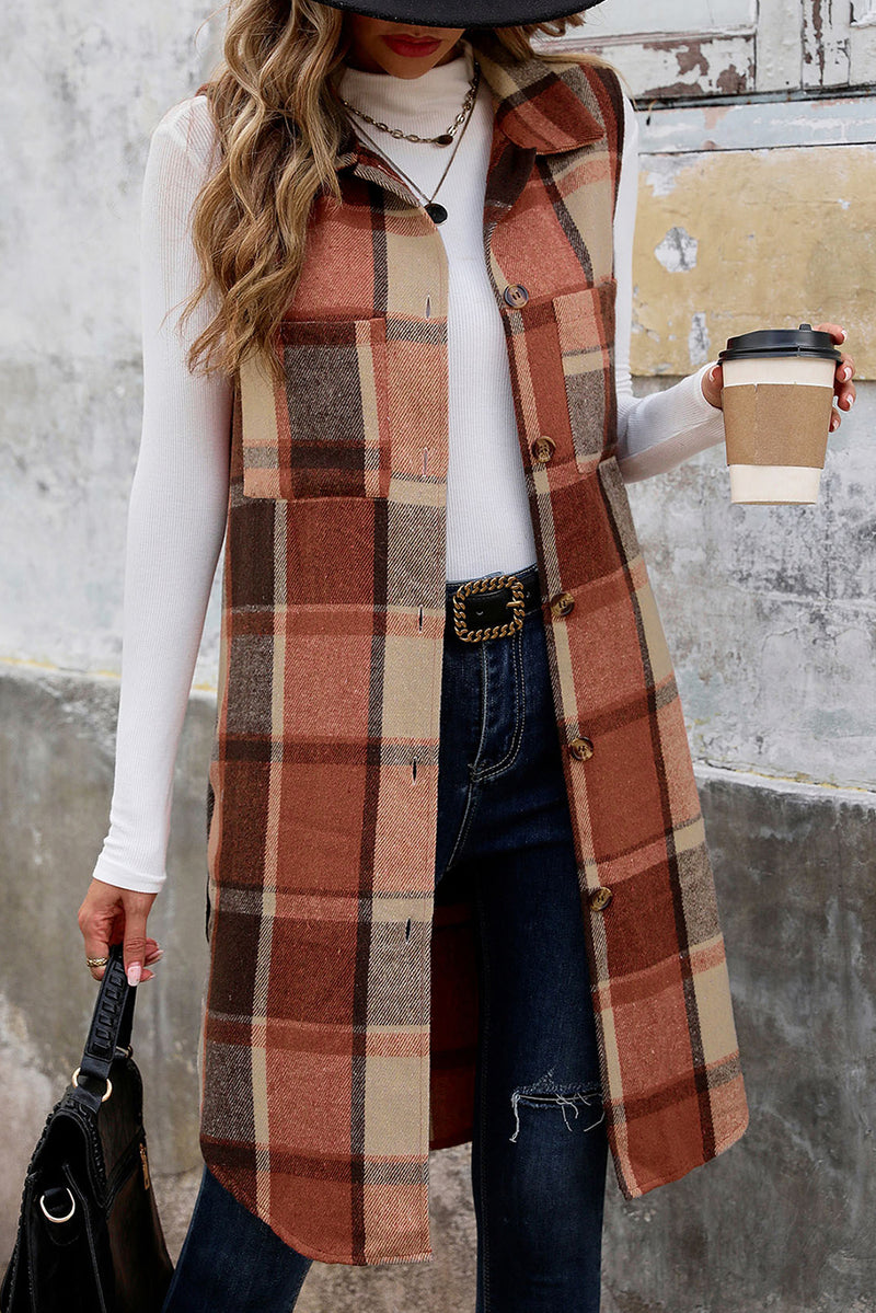 Cinnamon Mid Length Sleeveless Plaid Vest Jacket